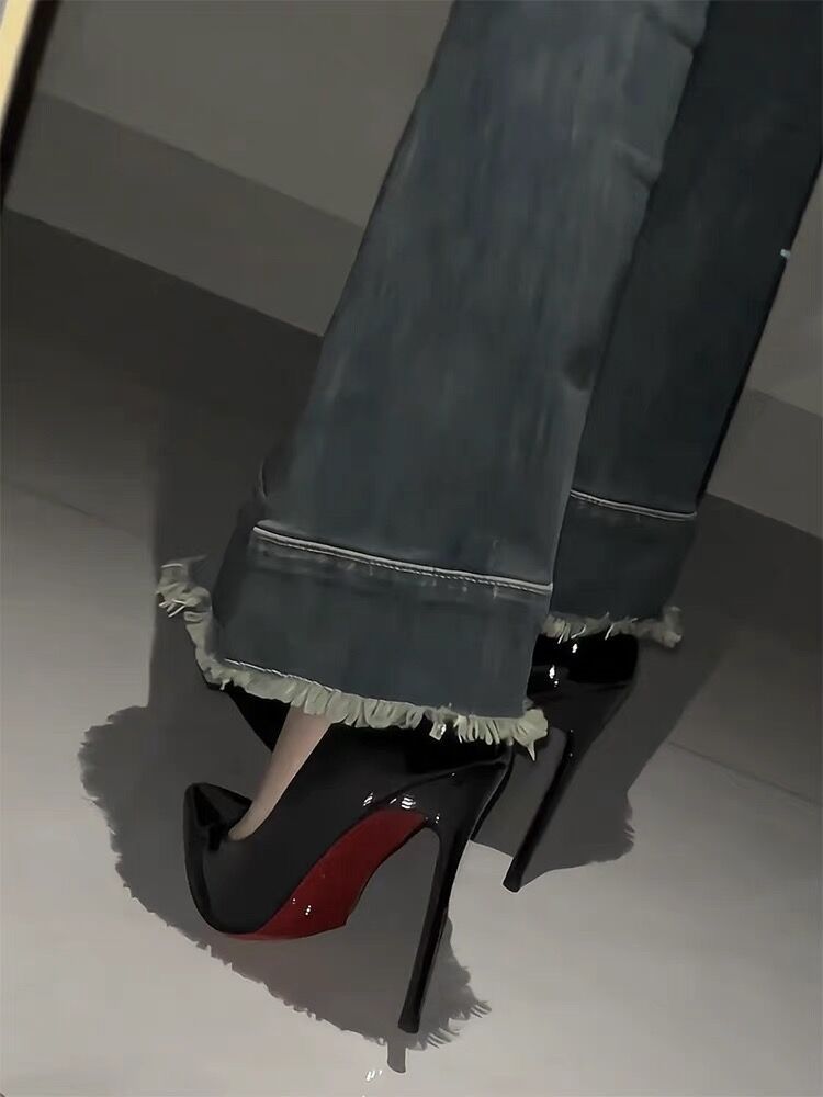 Red soled high heels, women's slim heels, black side empty with rhinestones, elegant socialite, nude color, pointed toe, 2023 new model