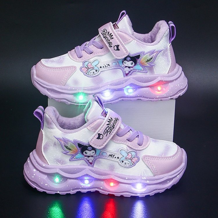 Kulomi Girls' Sports Shoes with Lights 2024 Autumn/Winter New Collection Children's Leather Face Middle and Small Children's Velvet Warm Running Shoes