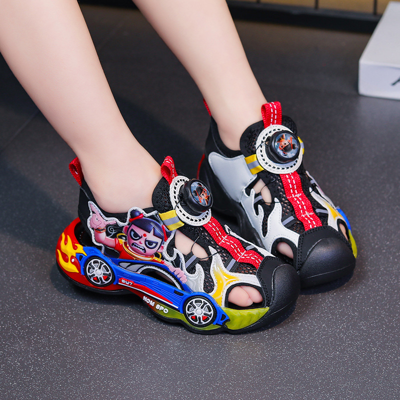 Trendy Nezha Boys' Sandals, Nezha Explosion Light Wind Fire Wheel Rotating Buckle, Anti Kick Sports Sandals Manufacturer Straight Hair