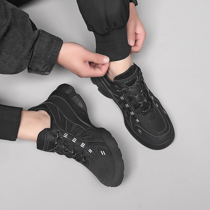 Cross border new men's outdoor sports and leisure shoes with breathable mesh for training and running, black shoes wholesale