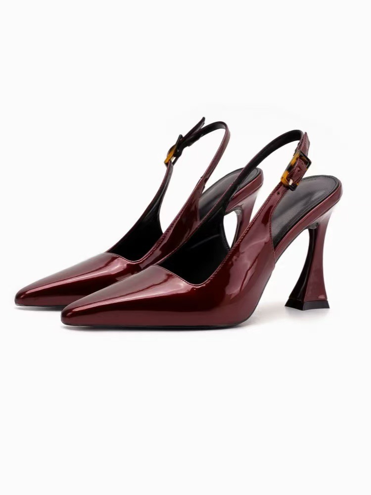 Red striped horseshoe heel high-heeled shoes for women, backless patent leather versatile fine heeled pointed sandals