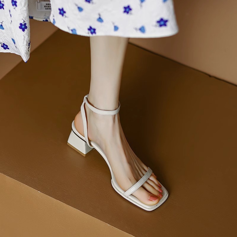 Flipped with excitement! Classic and versatile square toe, exposed toe, middle heel, straight strap sandals, women's summer thick heel