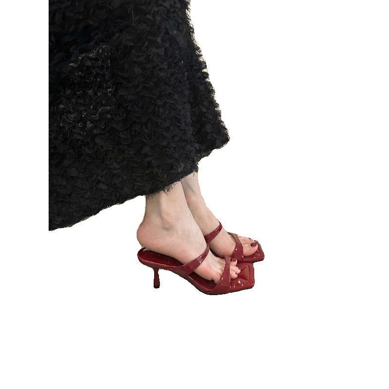 2024 Summer French Style Square Head, Open Toe, Thin Heel, Strap Sandals, Women's Outerwear, Niche Cold Slippers, High Heels