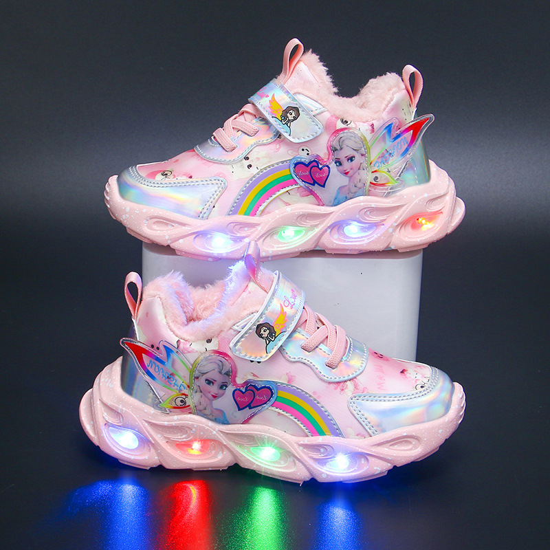 Girls' shoes with lights, 2024 autumn and winter new item with fleece insulation, leather surface, girls' sports shoes, little girls' princess shoes