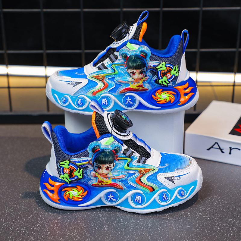 Children's shoes, boys' rotating button sports shoes, 2025 new illuminated summer and autumn mesh breathable children's running shoes