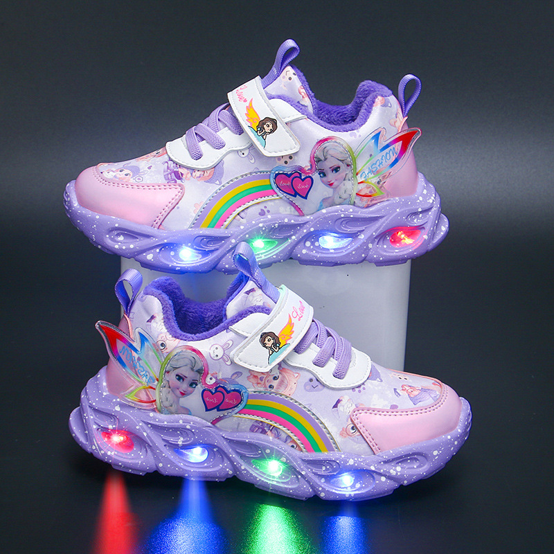 Girls' shoes with lights, 2024 autumn and winter new item with fleece insulation, leather surface, girls' sports shoes, little girls' princess shoes