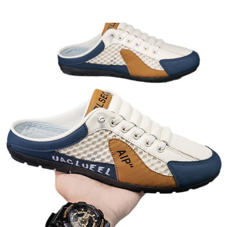 2025 thin men's shoes summer mesh breathable hole sandals for lazy men without heels and toe caps slippers