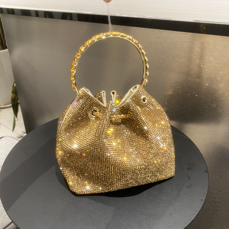 Cross border women's bag 2025 new hot stamping diamond bucket bag round handle handbag single shoulder diagonal chain small bag inlaid with diamonds