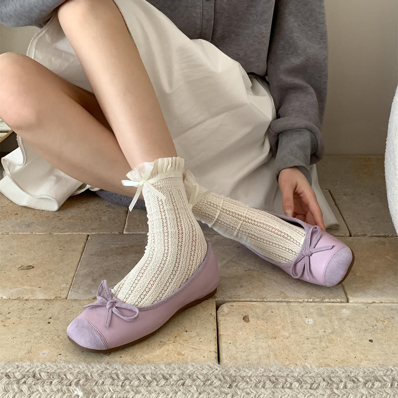 Interior Height Enhancement Edition~French Bow Shallow Mouth Single Shoes for Women Spring and Autumn Gentle Pink Soft Bottom Ballet Evening Shoes