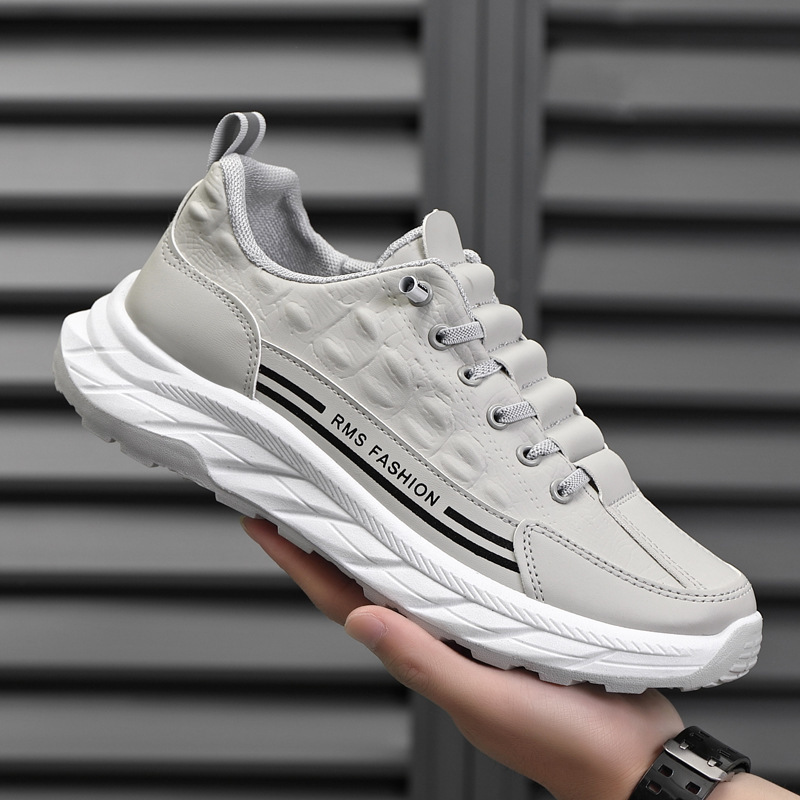 Spring and Autumn New Men's Shoes Crocodile Pattern Leather Waterproof Casual Shoes Thick Bottom Versatile Cross border Sports Shoes Thick Bottom White Shoes