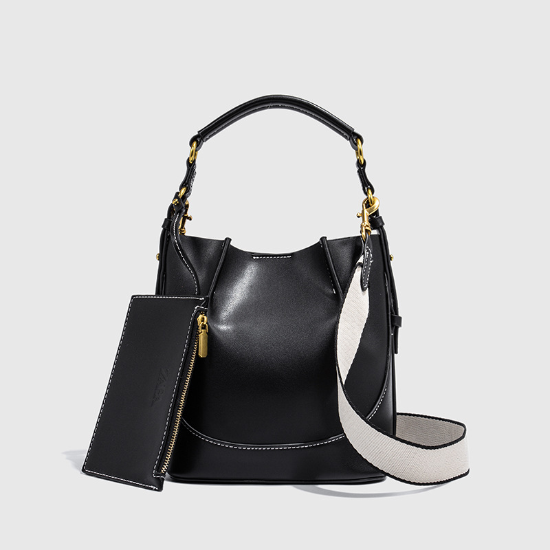 Cross border women's bag 2025 new large capacity wide shoulder strap single shoulder handbag brown drawstring hand-held crossbody bucket bag