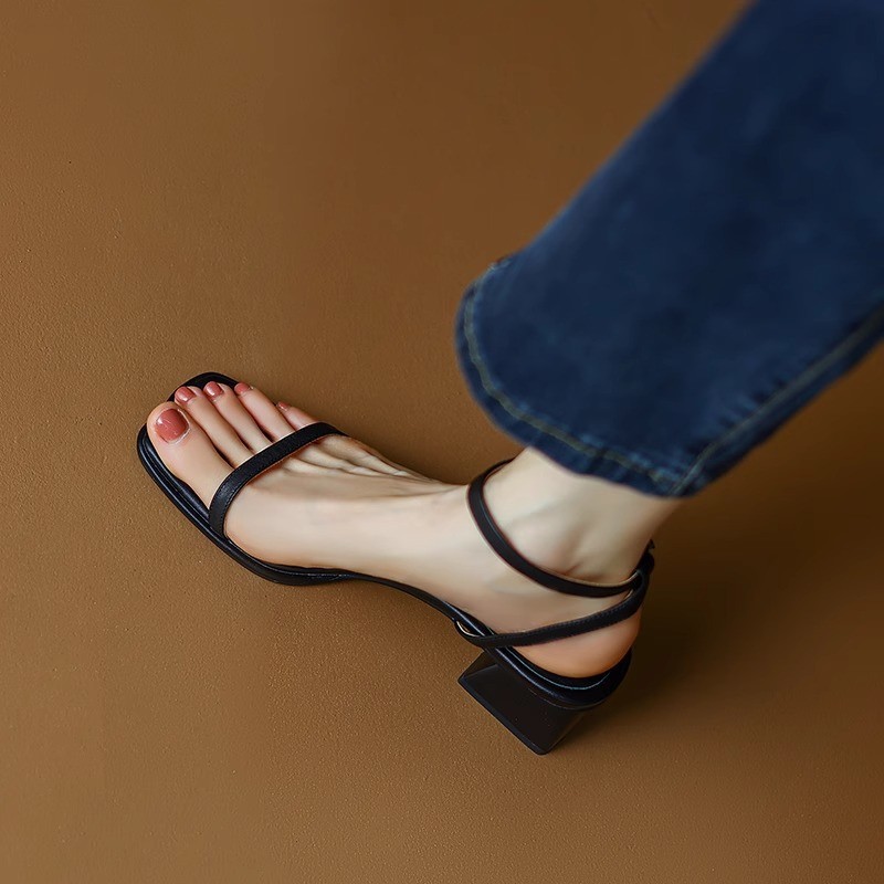 Flipped with excitement! Classic and versatile square toe, exposed toe, middle heel, straight strap sandals, women's summer thick heel
