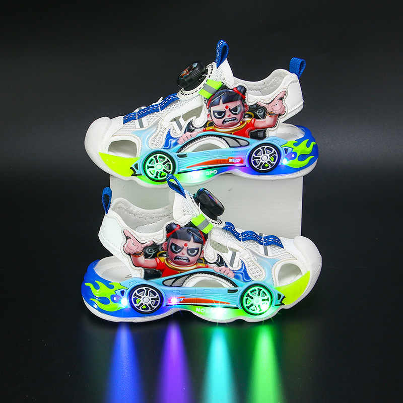 Trendy Nezha Boys' Sandals, Nezha Explosion Light Wind Fire Wheel Rotating Buckle, Anti Kick Sports Sandals Manufacturer Straight Hair