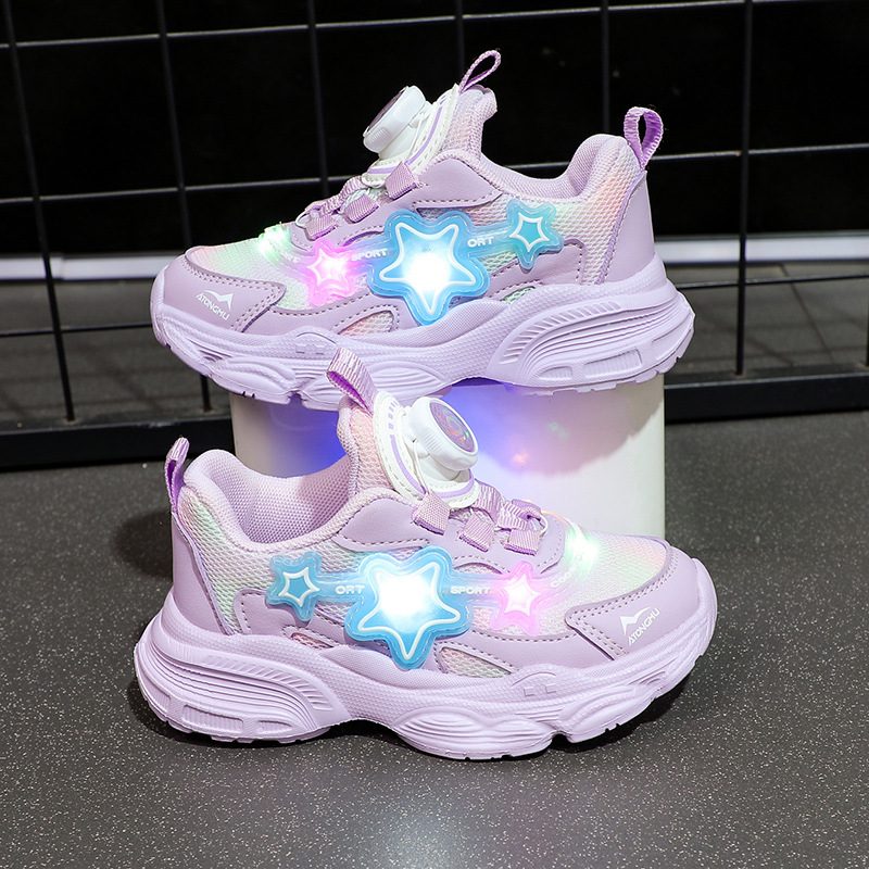 Girls' luminous shoes 2023 new button shoes, children's spring and autumn girls' sports shoes, real heart princess dad shoes
