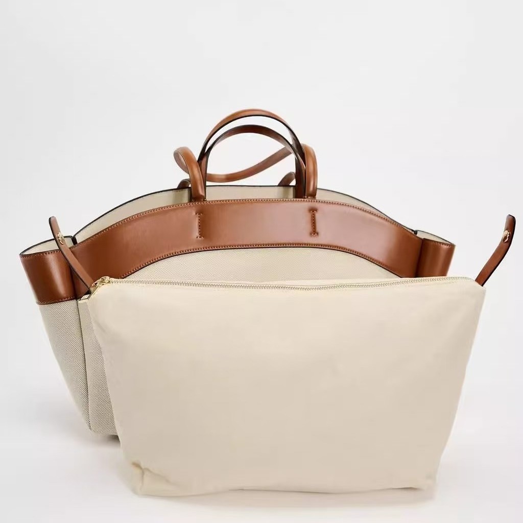 ZA Home Canvas Bag for Women 2025 New Product Fashion Splicing Large Capacity Commuter Shopping Bag Handheld Single Shoulder Tote Bag