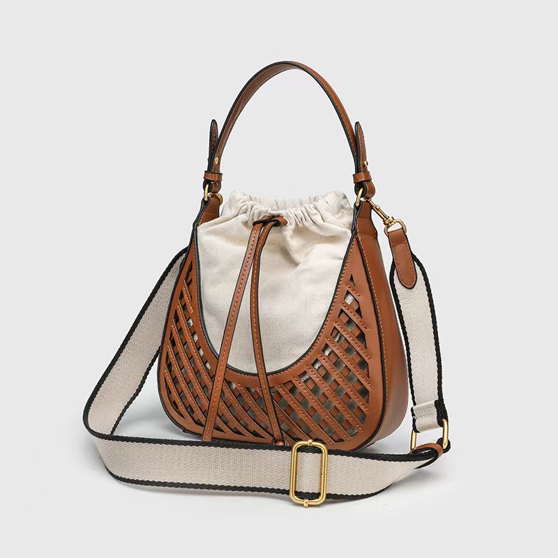 Foreign Trade Cross border Women's Bag 2025 New Brown Single Shoulder Handheld Bucket Bag Retro Woven Handbag Crossbody Bag