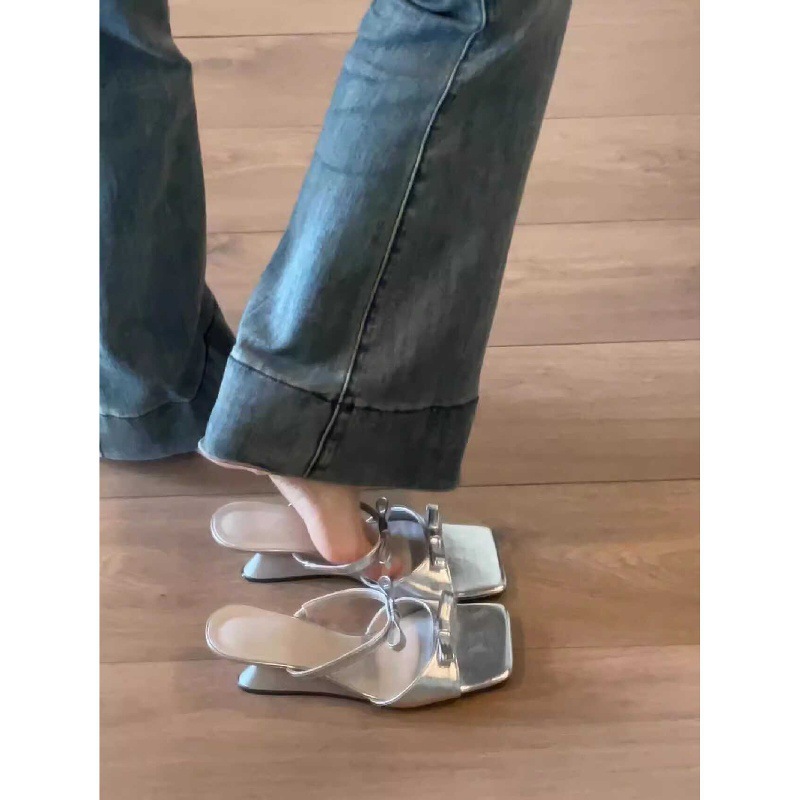 French bow square toe wedge sandals for women in the summer of 2025, new fairy style dress with a straight strap and high heels for wearing outside