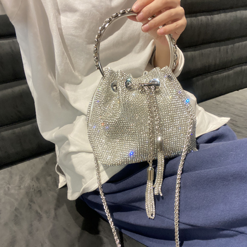 Cross border women's bag 2025 new hot stamping diamond bucket bag round handle handbag single shoulder diagonal chain small bag inlaid with diamonds
