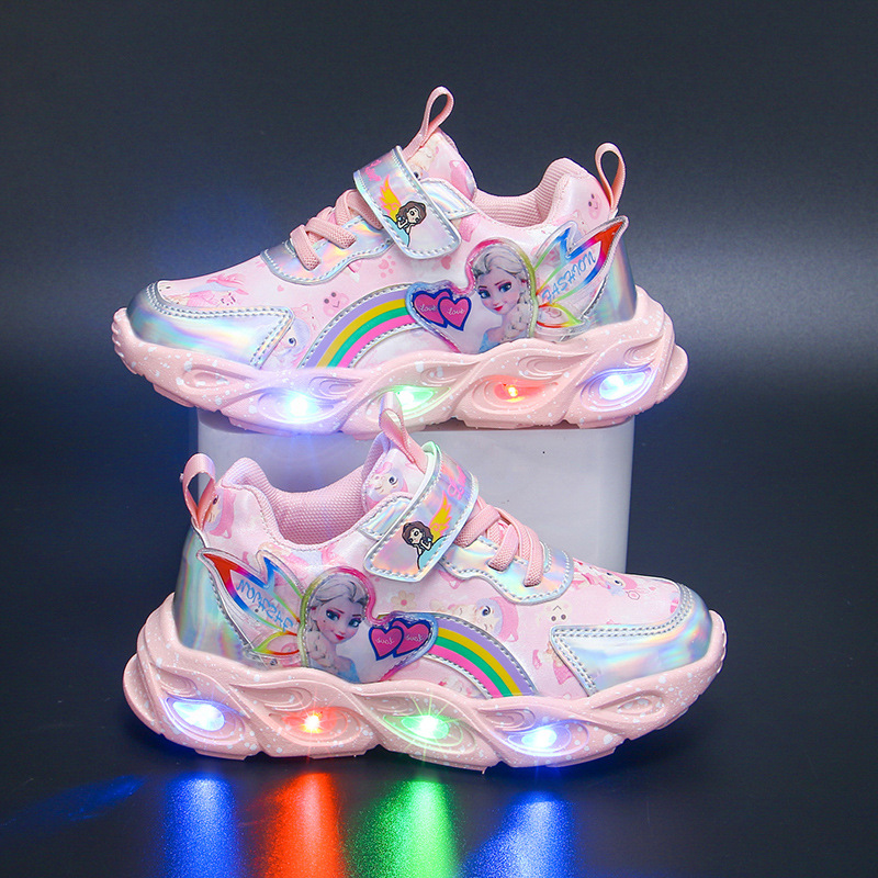 Girls' shoes with lights, 2024 autumn and winter new item with fleece insulation, leather surface, girls' sports shoes, little girls' princess shoes