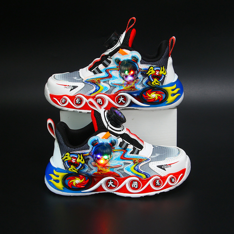 Children's shoes, boys' rotating button sports shoes, 2025 new illuminated summer and autumn mesh breathable children's running shoes