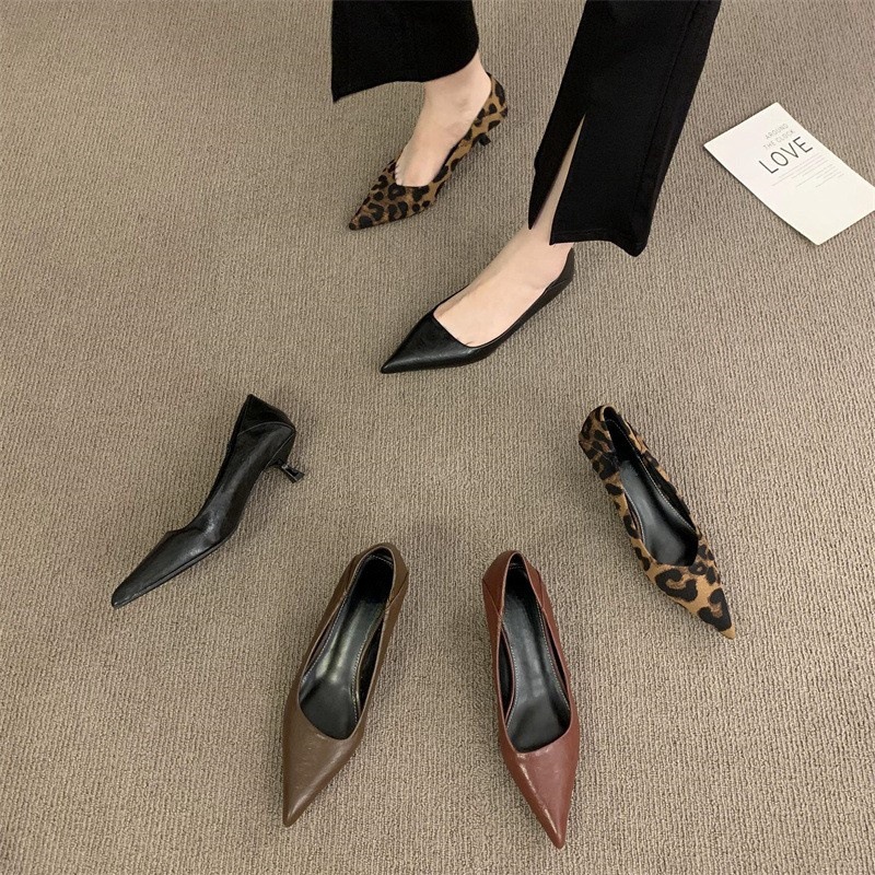 2024 autumn and winter new pointed shallow mouth high heels leopard print fashion versatile temperament commuting low heel kitten order shoes