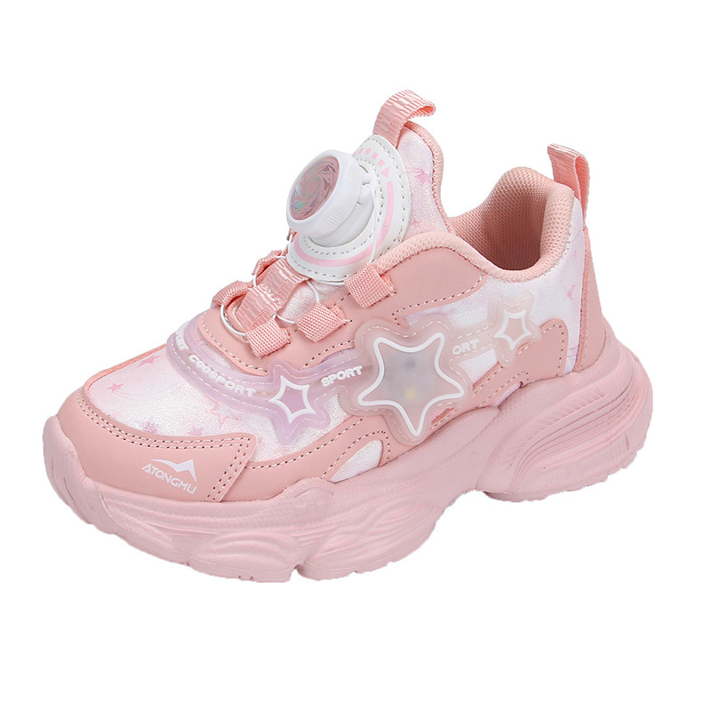 Girls' luminous shoes 2023 new button shoes, children's spring and autumn girls' sports shoes, real heart princess dad shoes