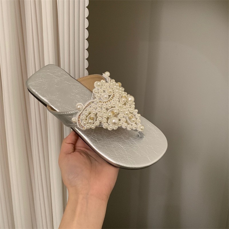 Gentle fairy style flip flops for women wearing retro style sandals, pearl flip flops, beach shoes