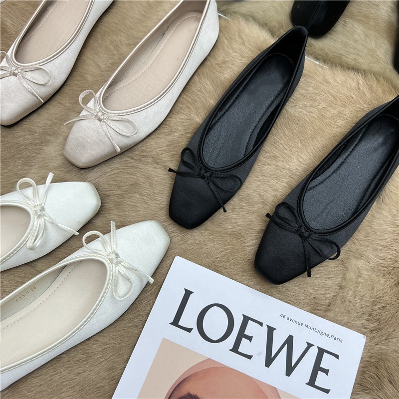 Niche Design French Gentle Bow Square Head Flat Single Shoes for Women 2024 Spring New Silk Bean Scoop Shoes