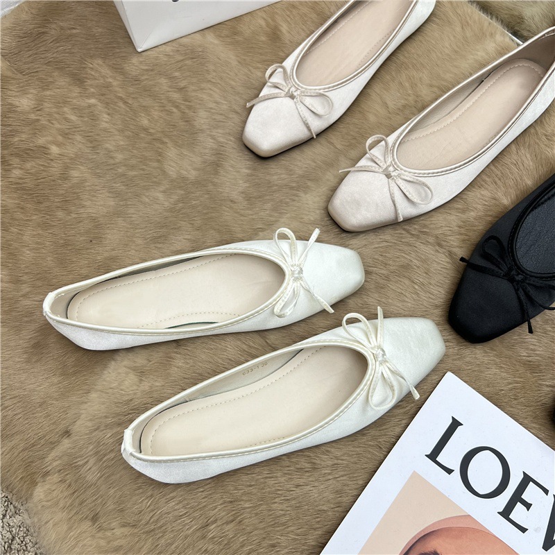 Niche Design French Gentle Bow Square Head Flat Single Shoes for Women 2024 Spring New Silk Bean Scoop Shoes