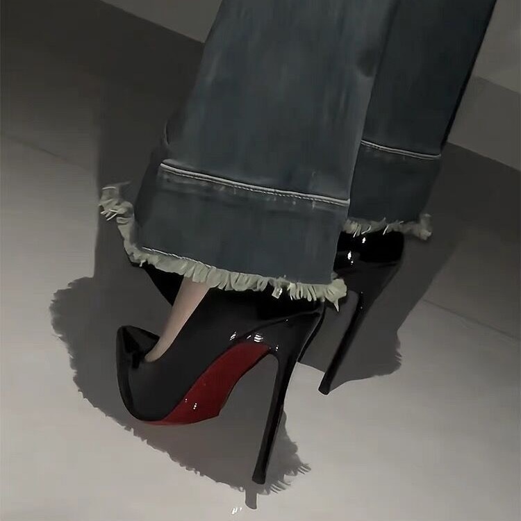 Red soled high heels, women's slim heels, black side empty with rhinestones, elegant socialite, nude color, pointed toe, 2023 new model