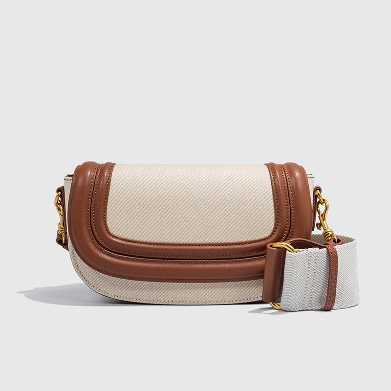 Explosive Saddle Bag 2025 New Cross border Women's Bag Fashionable and Versatile Broadband Color Contrasting Canvas Bag Single Shoulder Crossbody Bag