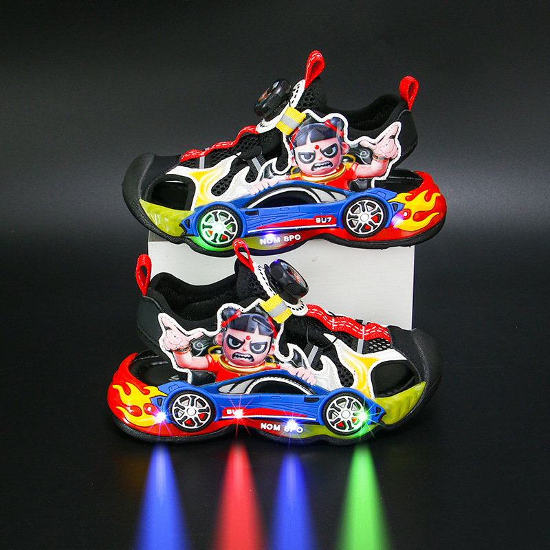 Trendy Nezha Boys' Sandals, Nezha Explosion Light Wind Fire Wheel Rotating Buckle, Anti Kick Sports Sandals Manufacturer Straight Hair