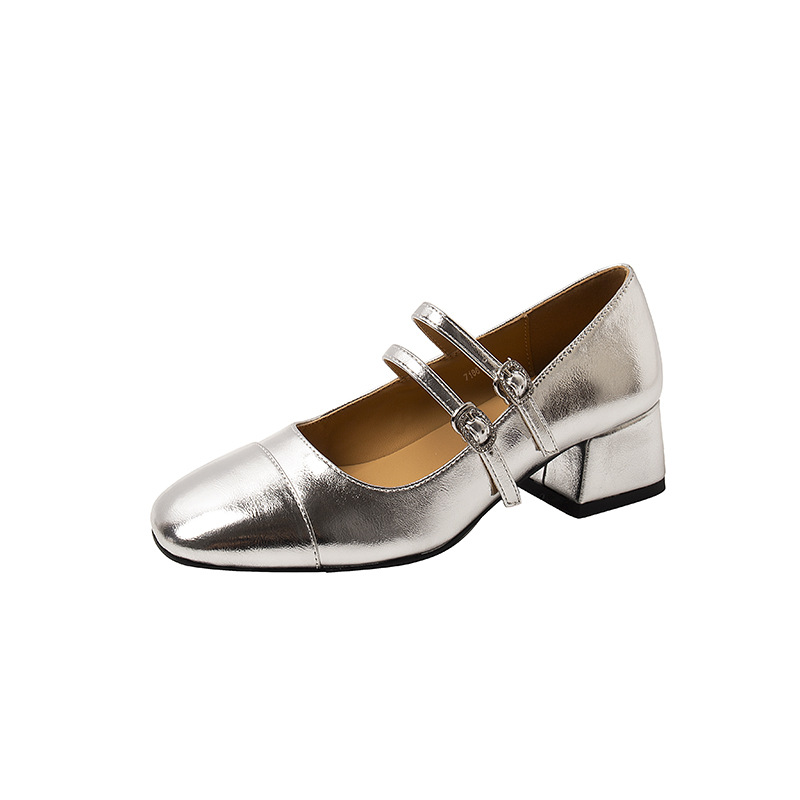 Retro versatile silver Mary Jane shoes for women 2023 spring and autumn thick heel with a single buckle and shallow mouth, single order shoes