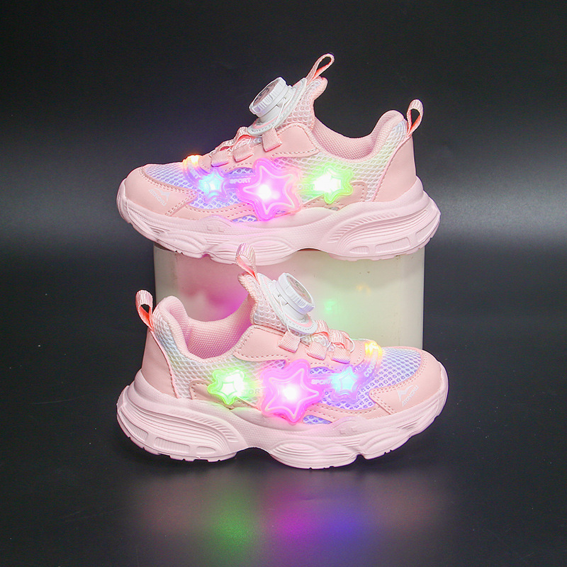 Girls' luminous shoes 2023 new button shoes, children's spring and autumn girls' sports shoes, real heart princess dad shoes