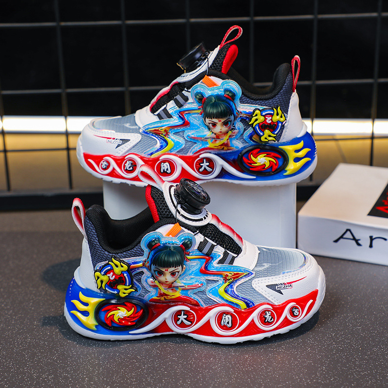 Children's shoes, boys' rotating button sports shoes, 2025 new illuminated summer and autumn mesh breathable children's running shoes