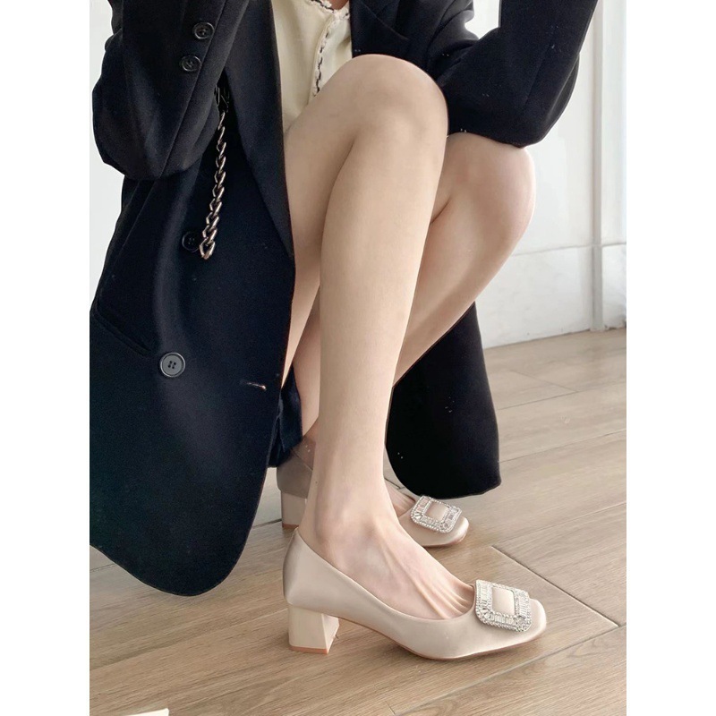 French style square button rhinestone square toe high heels for women, thick heels, 2024 Spring and Autumn new single shoes for women, one foot pedaling