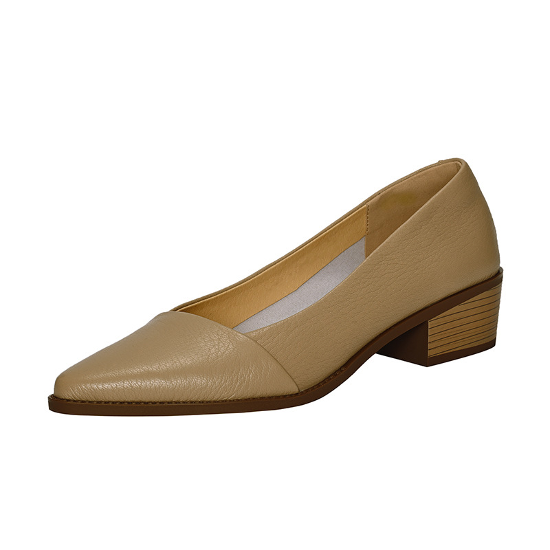 Sharp pointed single shoe women's 2023 new style thick heel soft French shallow mouth mid heeled apricot colored women's high heels