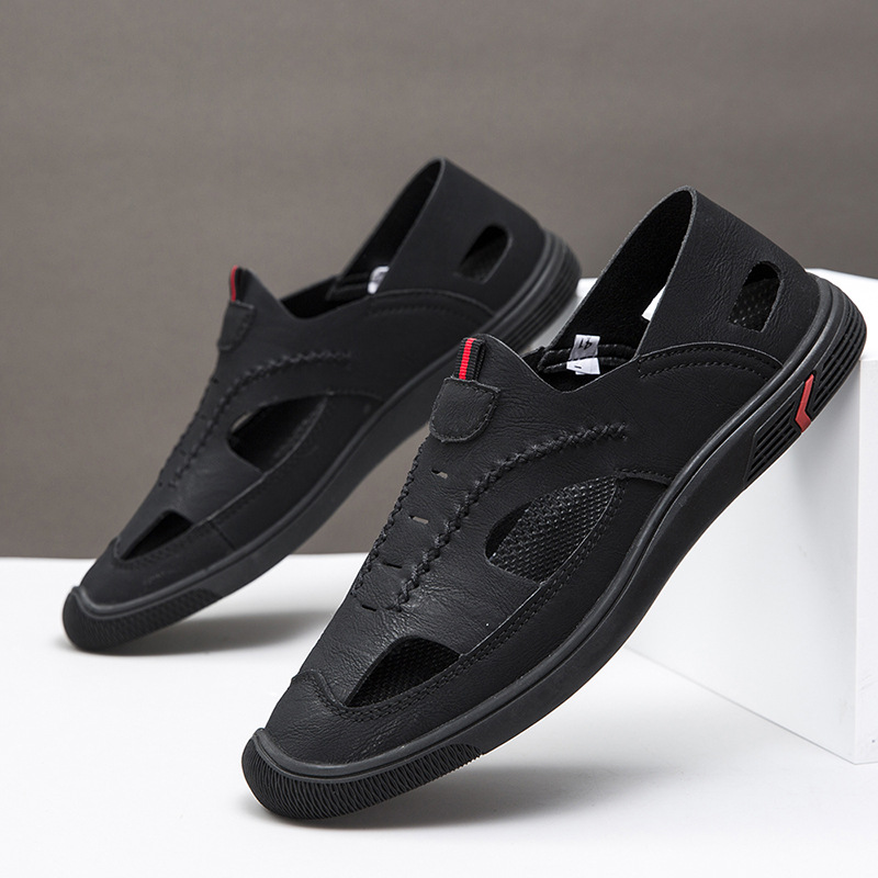 Cross border plus summer casual hollow out bean shoes for men, British casual breathable sandals, super fiber one foot driving shoes