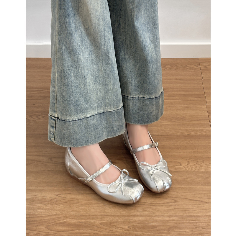 Silver inner height increase 5cm shallow mouth single shoe women's bow Mary Jane shoes French ballet shoes