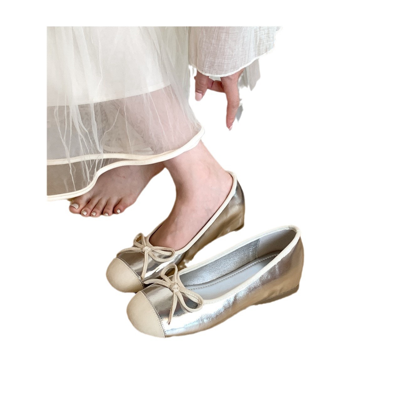 Interior height increasing version~French fairy style shallow bow single shoe for women, spring and autumn soft sole color blocked small fragrant style single shoe