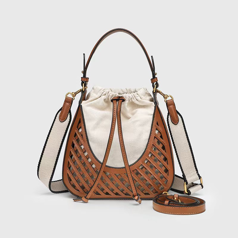 Foreign Trade Cross border Women's Bag 2025 New Brown Single Shoulder Handheld Bucket Bag Retro Woven Handbag Crossbody Bag