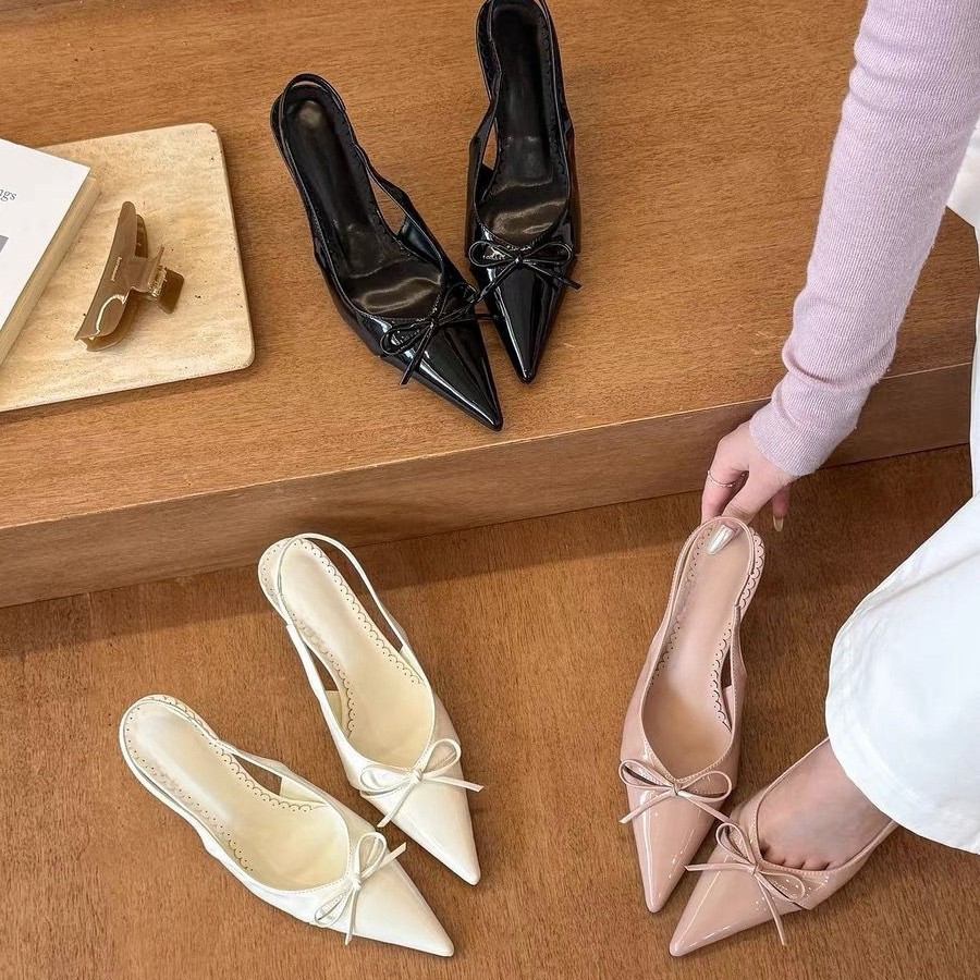 How beautiful!! Bare pointed bow bow shallow high-heeled shoes for women in spring, empty sandals
