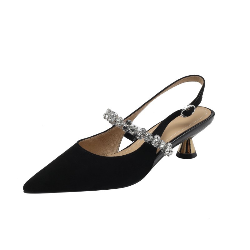 Extremely slim~French rhinestone silver pointed back hollow Mary Jane small leather shoes small heel toe sandals women's summer