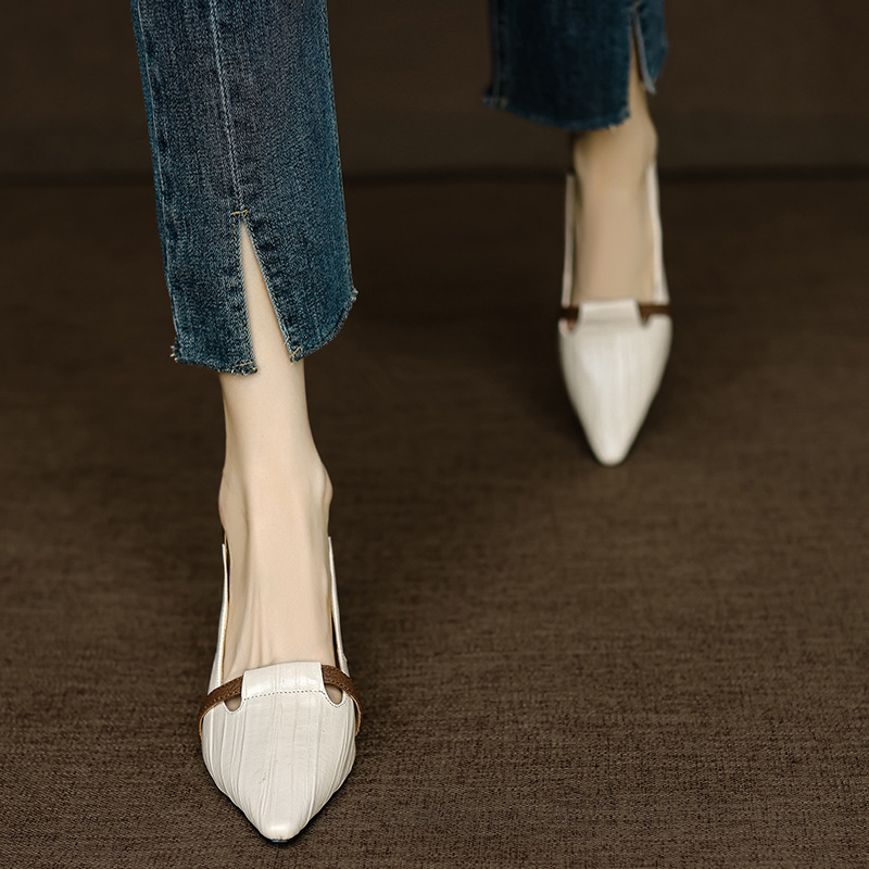 Encounter in Paris~Temperament Pointed Point Color blocked One foot Shoes Women's Shallow Mouth Retro Cat Heel High Heels