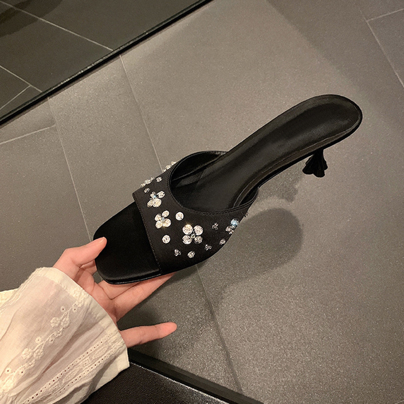 French square toe high-heeled shoes with flower petals, rhinestones, silk, kitten heels, sandals, women's summer outdoor wear