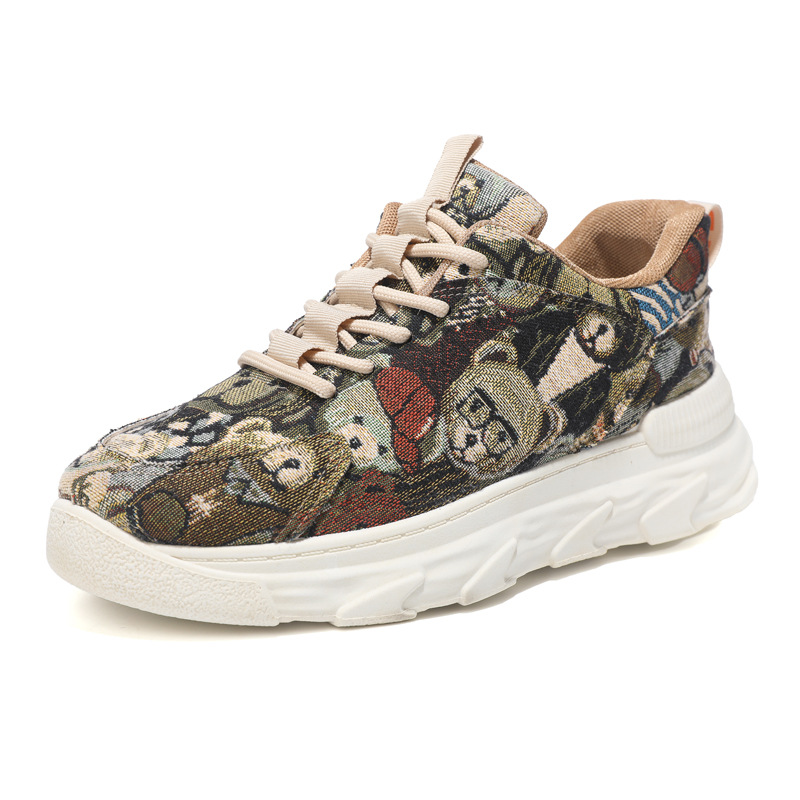 Cross border men's shoes 2023 new youth trend flower cloth breathable thick sole casual dad shoes casual painted canvas shoes