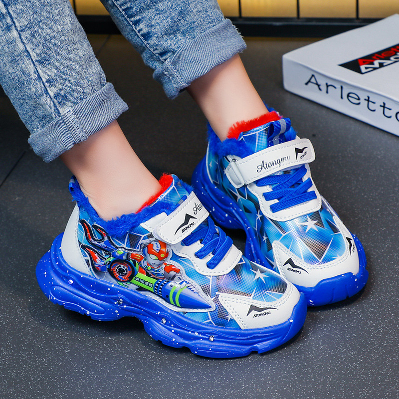 Bright Boys' Sneakers 2024 Autumn/Winter New Children's Shoes with Velvet Warmth for Boys, Baby Boys, Small and Medium sized Shoes