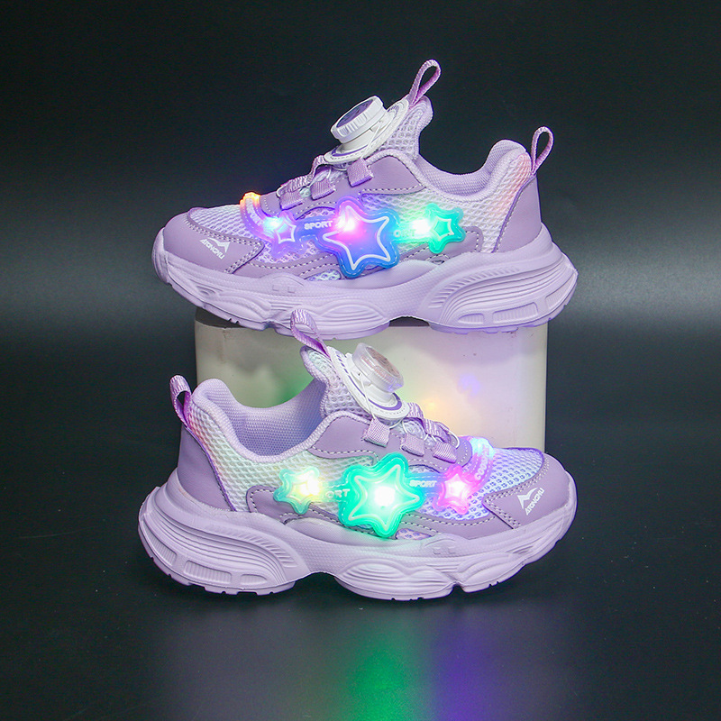Girls' luminous shoes 2023 new button shoes, children's spring and autumn girls' sports shoes, real heart princess dad shoes
