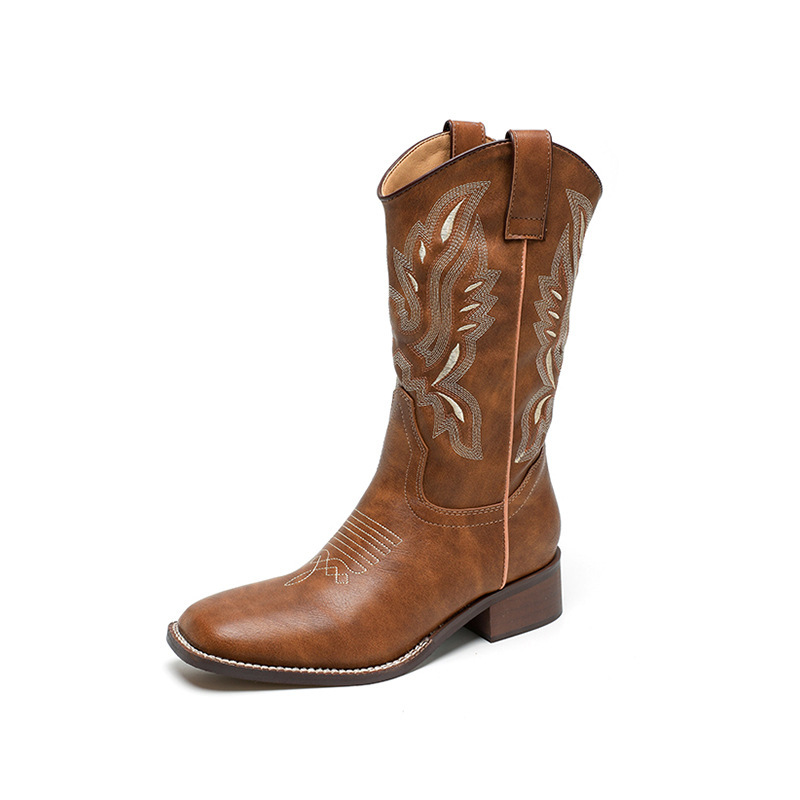 2023 He Sui's retro cowboy boots, Martin boots, embroidered knight boots, V-neck midsole western boots for women