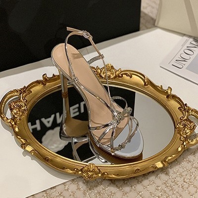 Golden strap high-heeled shoes for women in 2025, this year's new summer style with a single strap and slim heel, elegant ladies' sandals